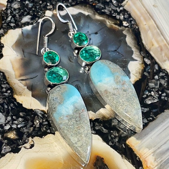 Beautiful Large Caribbean Larimar Earrings 2 7/8” - Picture 10 of 14